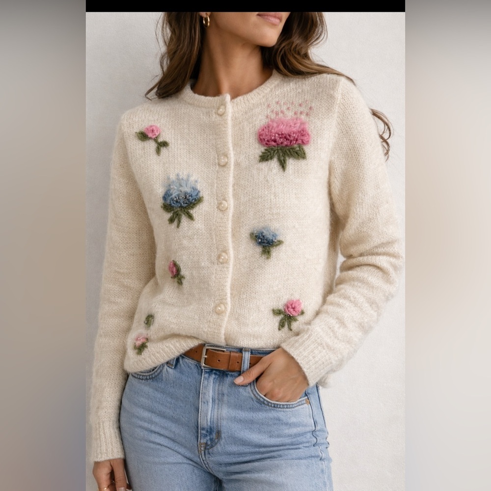 Jane Irwill Floral Embroidered Wool Sweater Medium Cream Knit Beaded Cotton
